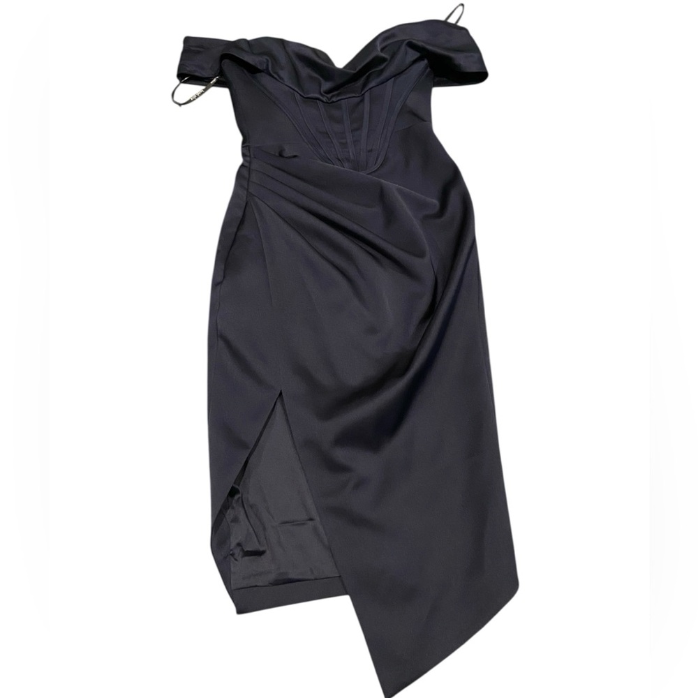Lavish Alice corset dress off shoulder, navy blue satin evening prom bridesmaid